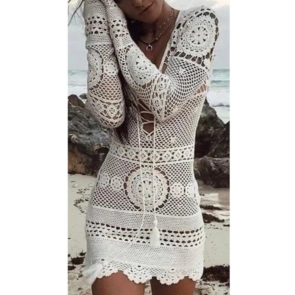 Missguided | Crochet Lace Up Mini Dress Coverup - Picture 5 of 16